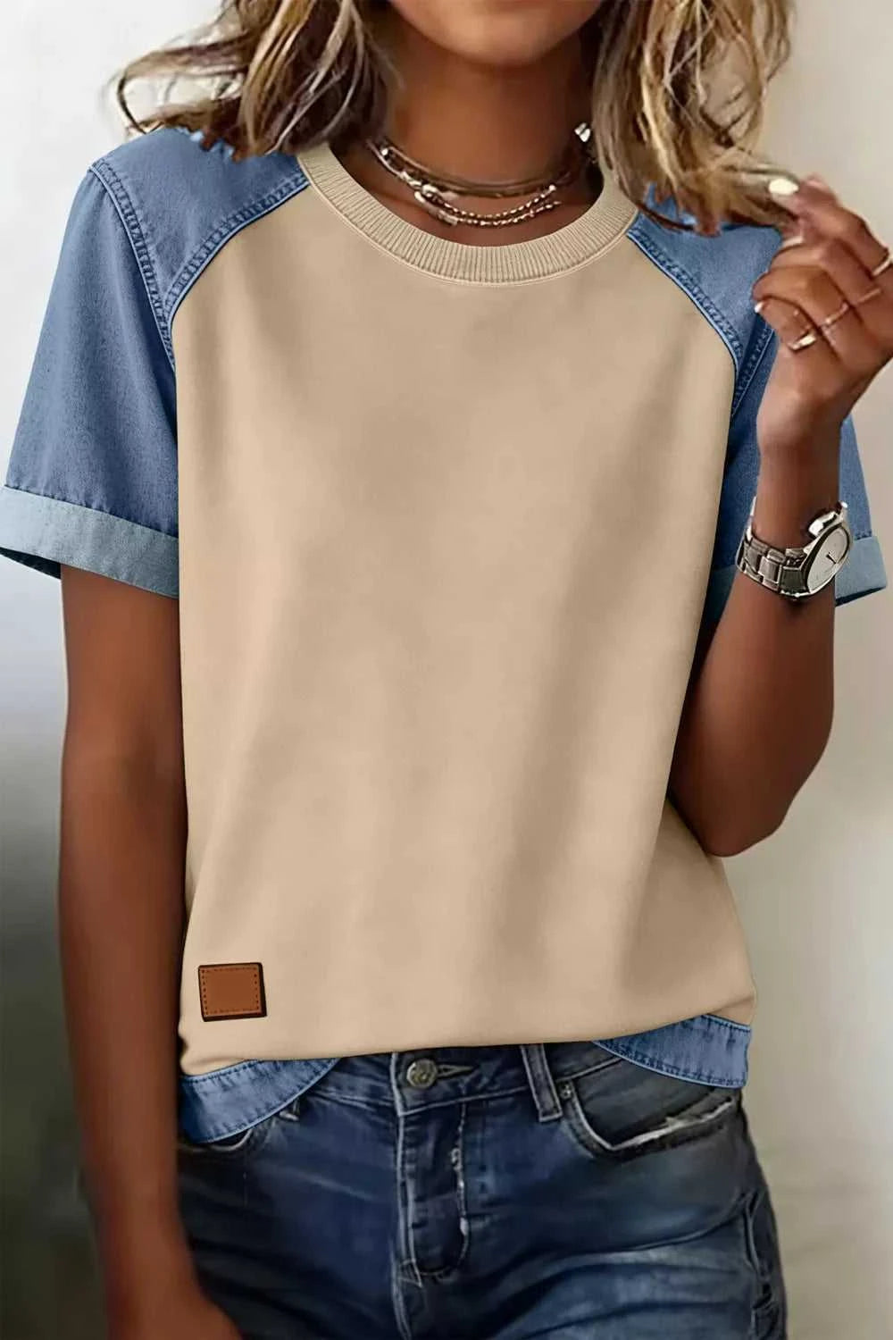 Denim Color Block Patchwork Round Neck Tee 100100063879515 59 Affordable Fashion Under $100 Jerry's Apparel 