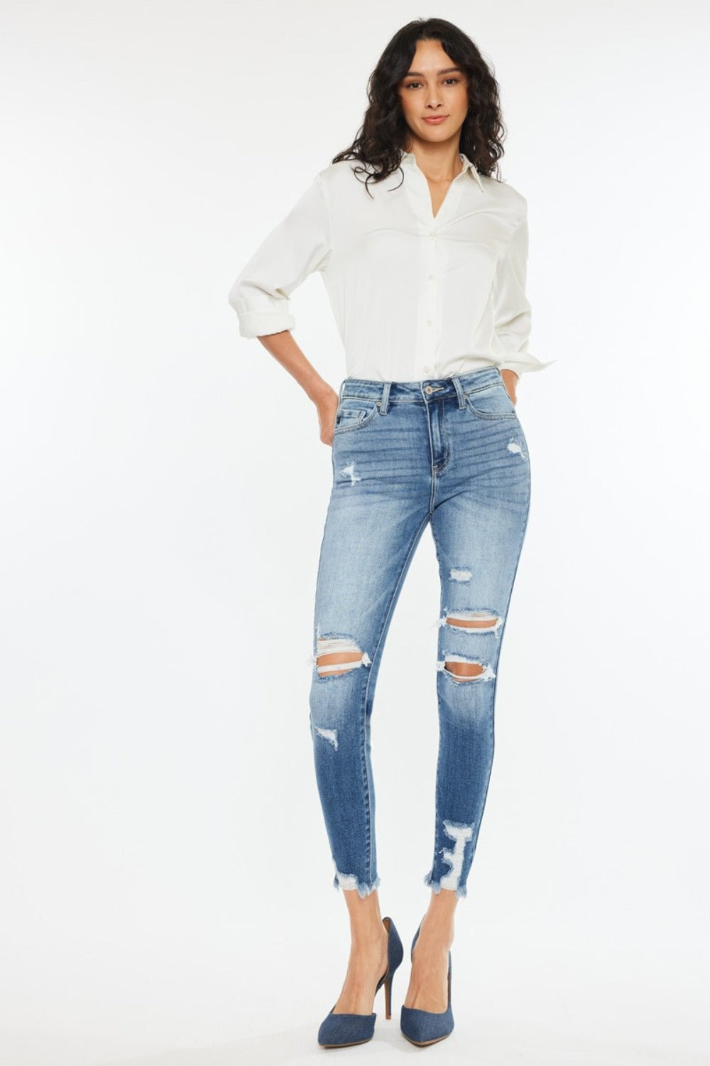 High Rise Frayed Ankle Skinny Jeans