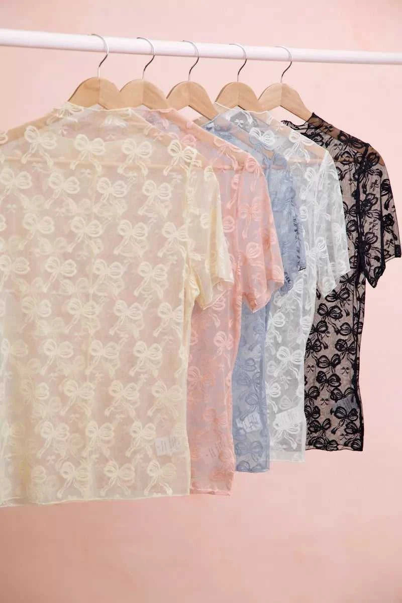 BiBi High Neckline Short Sleeves Bow Pattern Mesh Top 100100247341632 30 Affordable Fashion Under $100 Jerry's Apparel 