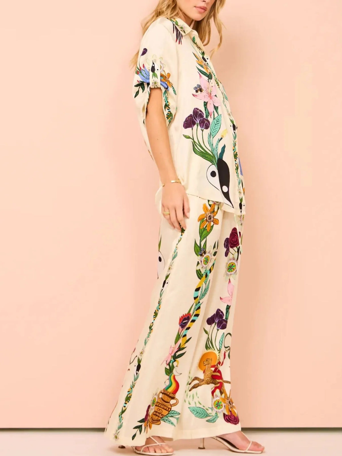 Printed Button Up Shirt and Pants Set