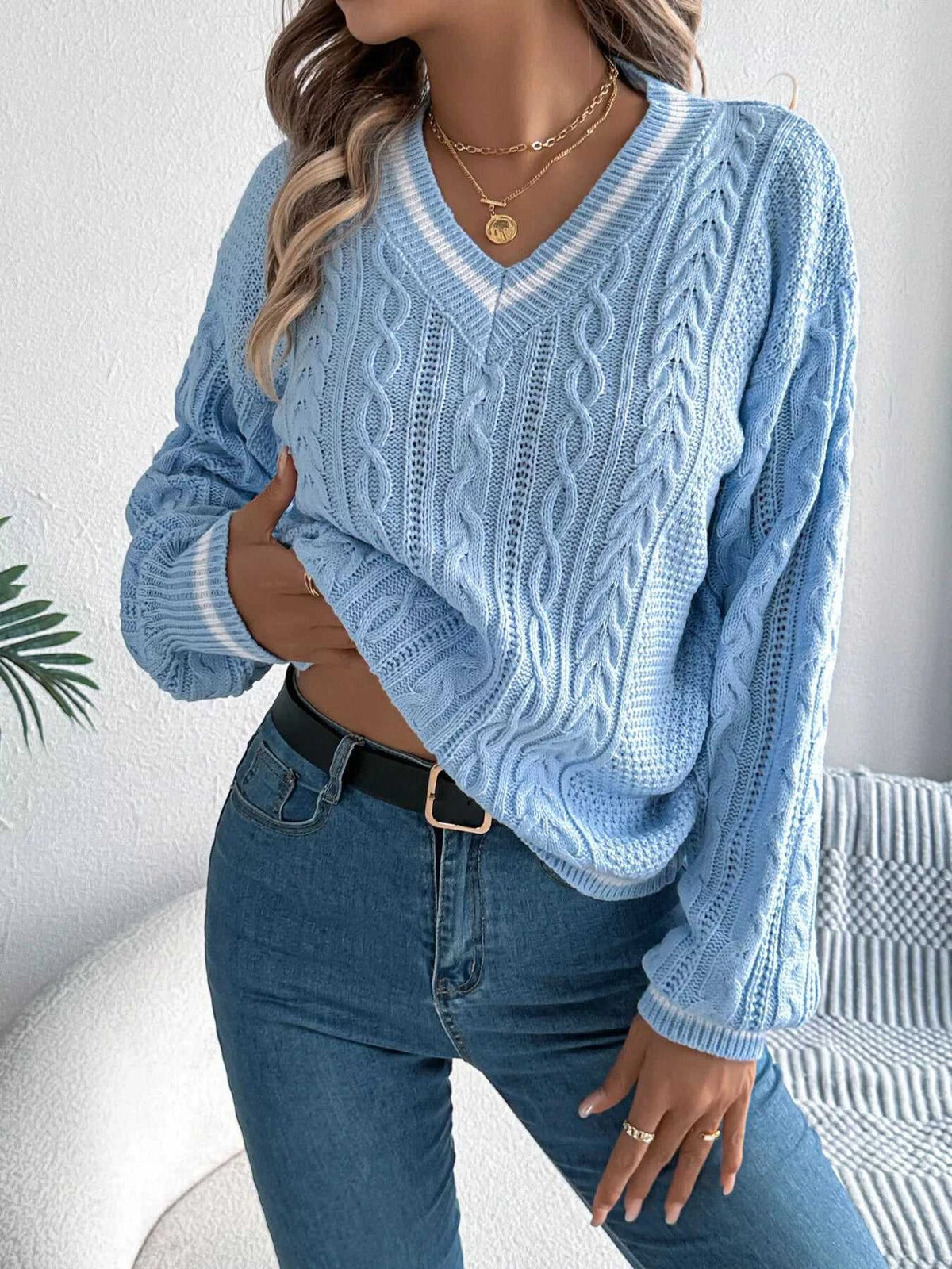 V-Neck Cable Knit Sweater with Striped Trim 101002502315459 35 Affordable Fashion Under $100 Jerry's Apparel 