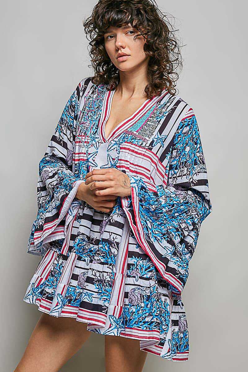 POL Striped Floral Long Sleeve Mini Dress with Pintuck Detail 100100459401126 52 Affordable Fashion Under $100 Jerry's Apparel 