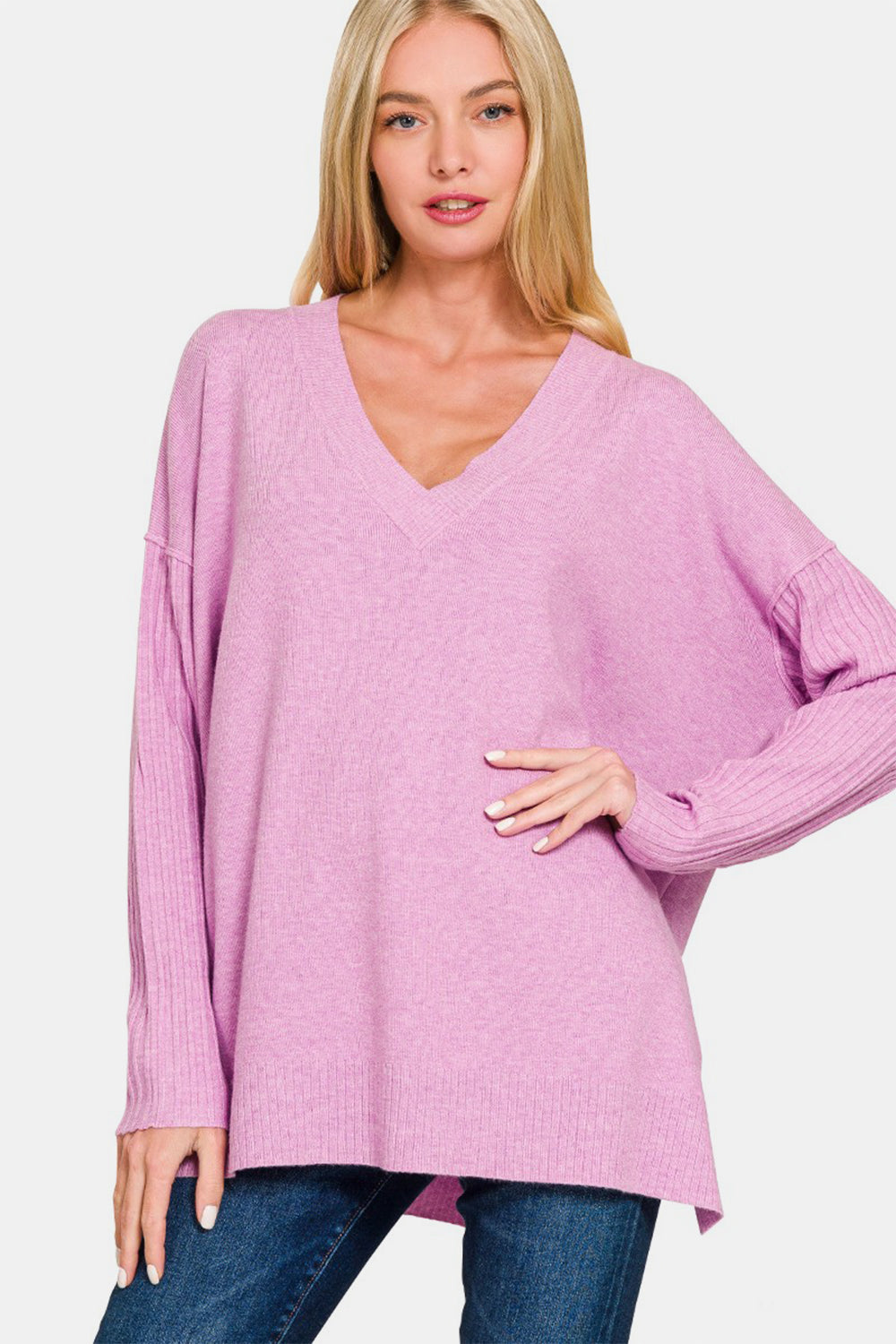 Zenana V-Neck Side Slit High-Low Sweater