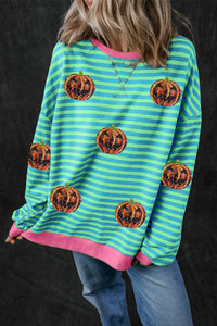 Pumpkin Striped Round Neck Long Sleeve Sweatshirt