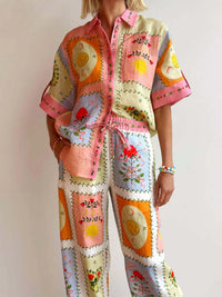 Printed Button Up Shirt and Pants Set