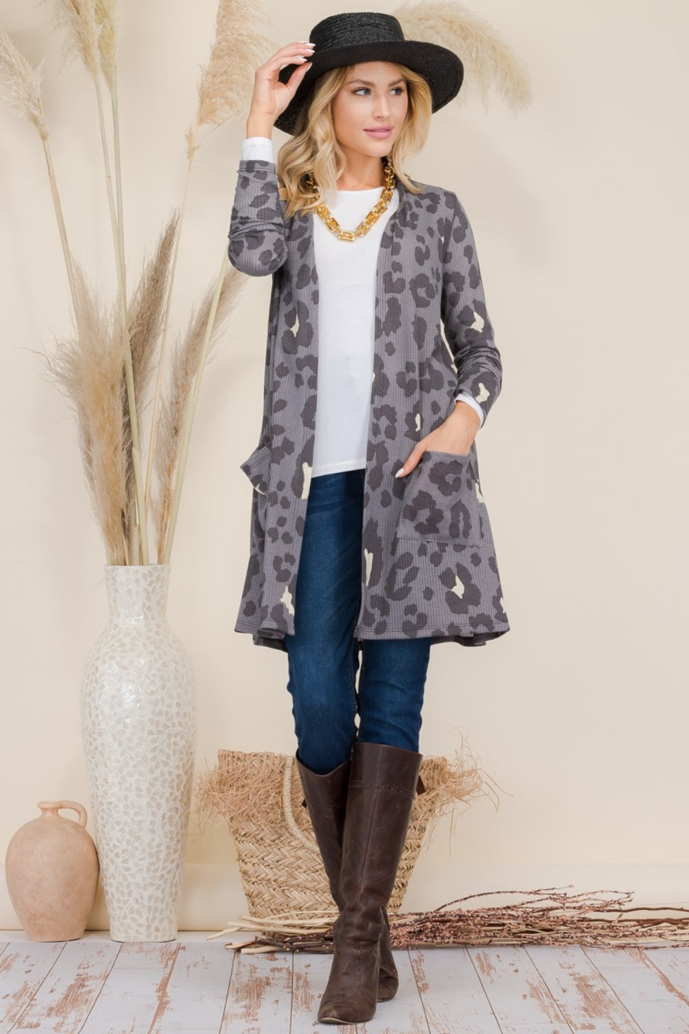 Full Size Leopard Open Front Contrast Cardigan