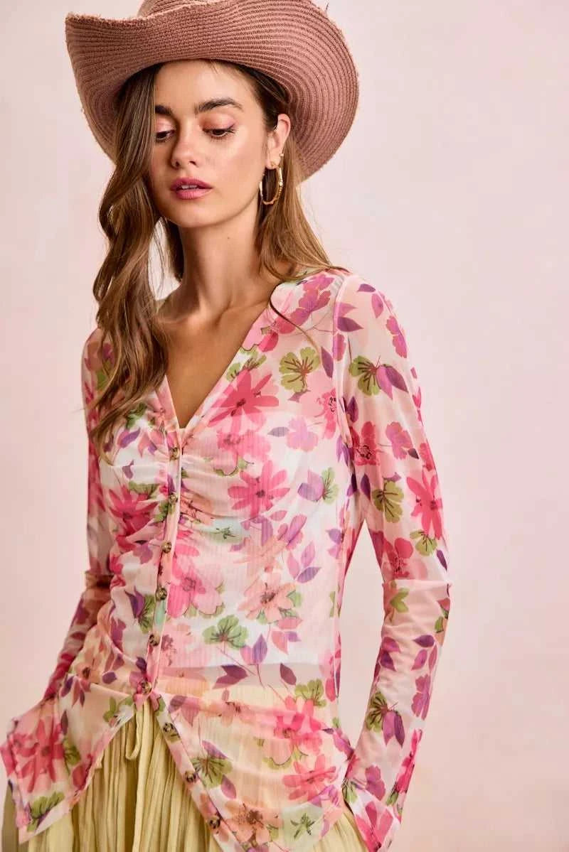 BiBi Floral Shrried Detail Button Up Mesh Cardigan Top 100100970651175 39 Gifts for Her Jerry's Apparel 