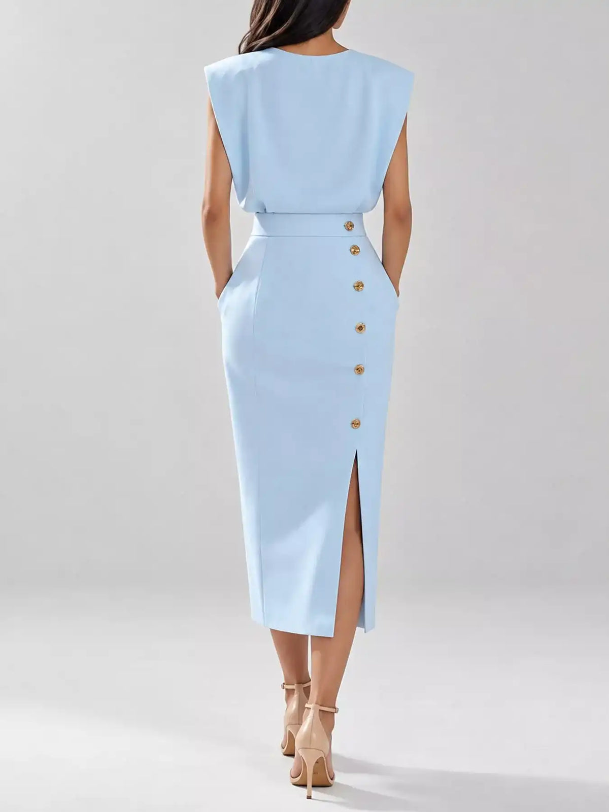 Sleeveless Midi Dress with Gold Button Detail and Side Slit 101001590890082 42 Affordable Fashion Under $100 Jerry's Apparel 