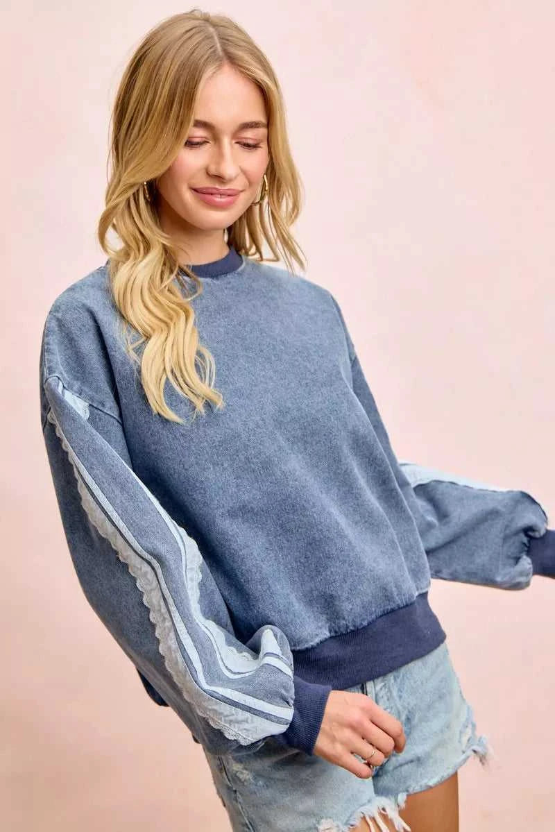 BiBi Washed Denim Lace Contrast Sided Sweatshirt 100100756531525 56 Affordable Fashion Under $100 Jerry's Apparel 