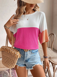 Color Block Ribbed Knit Casual T-Shirt
