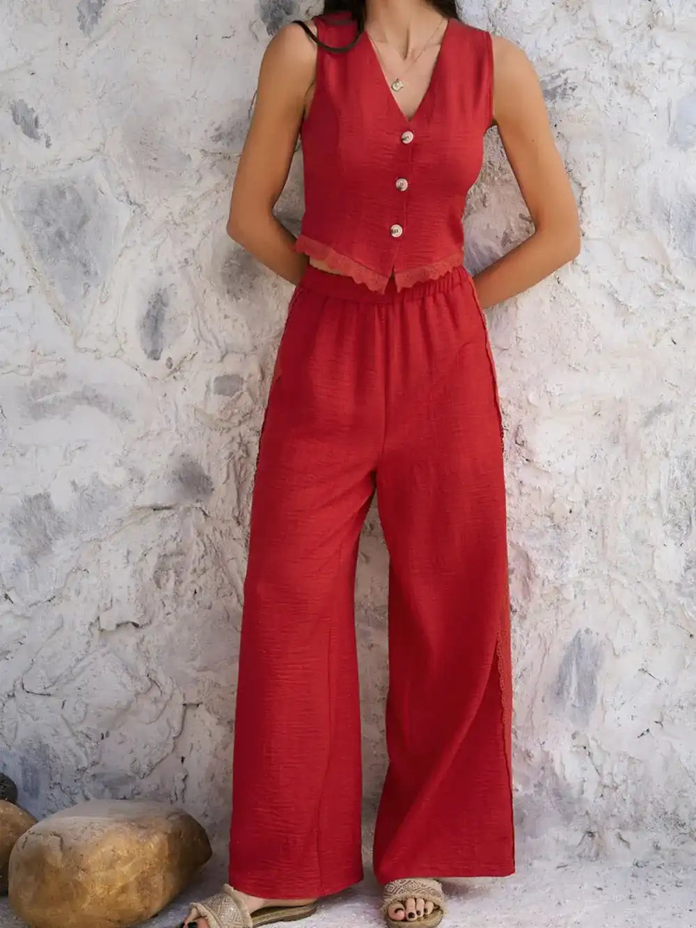 Devine Button Down Lace Detail Vest and Pants Set 100100550395768 62 Affordable Fashion Under $100 Jerry's Apparel 