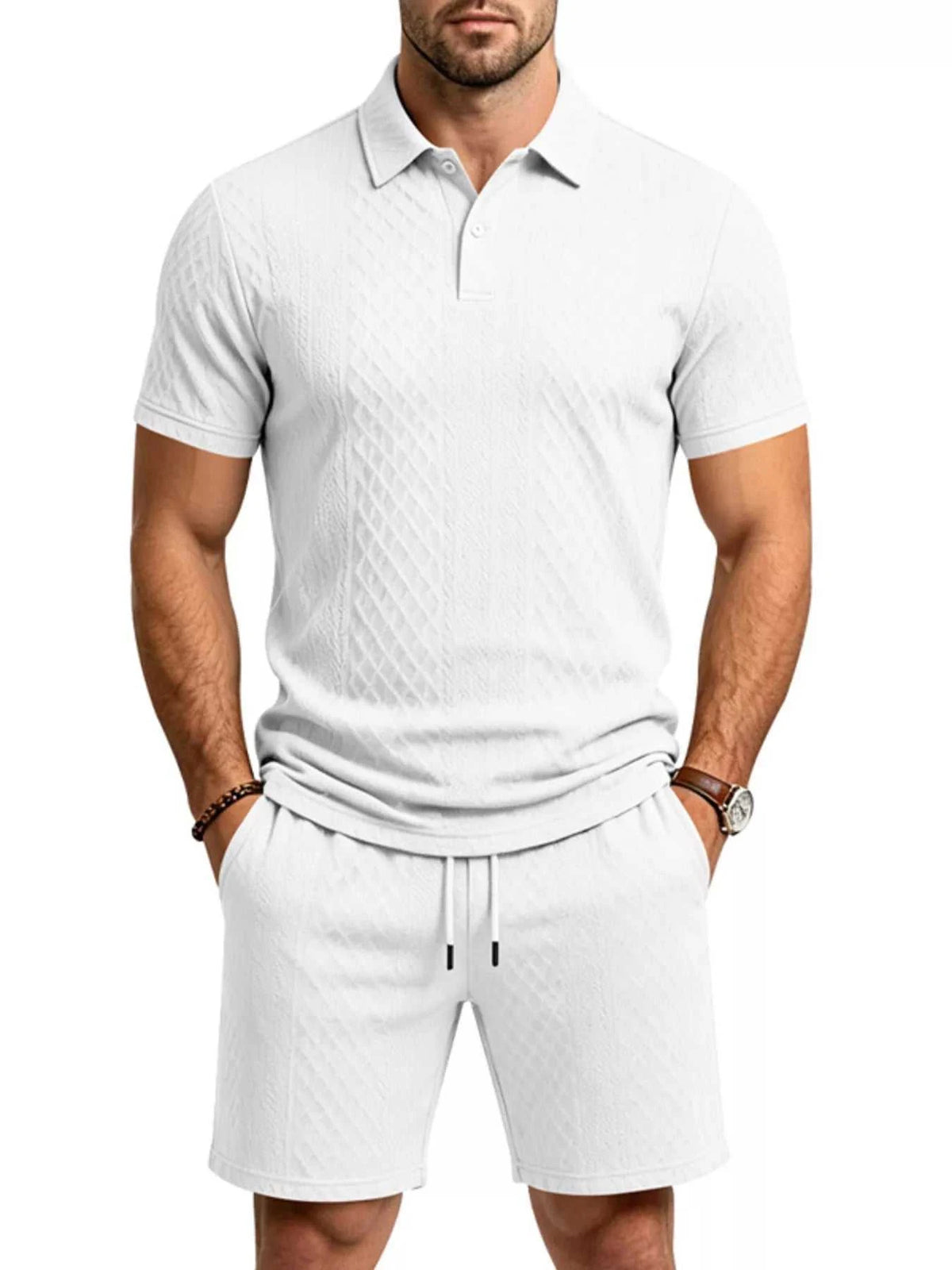 Men's Full Size Textured Short Sleeve Polo and Shorts Set Plus Size 100400456225326 35 Men's Sets Jerry's Apparel 