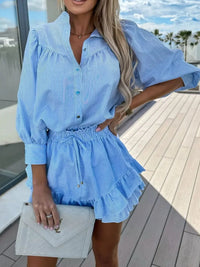 Striped Shirt and Skirt Set with Ruffle Details