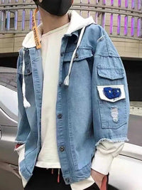 Men's Full Size Distressed Patchwork Hooded Denim Jacket Plus Size 100400544866556 55 Affordable Fashion Under $100 Jerry's Apparel 