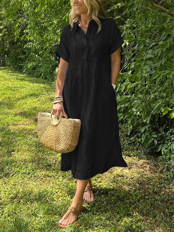 Full Size Striped Button-Front Midi Dress Plus Size