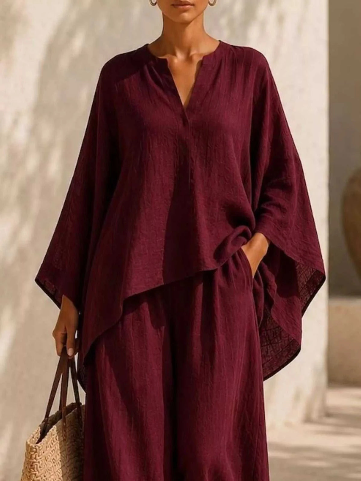 Full Size Notched Long Sleeve Top and Wide-Leg Pants Set Plus Size 100100051091822 45 Affordable Fashion Under $100 Jerry's Apparel 