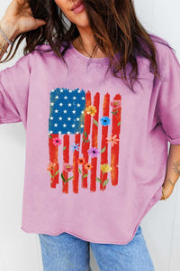 Floral American Flag Printed Raw Edge Cotton Tee 100100204962203 54 Affordable Fashion Under $100 Jerry's Apparel 