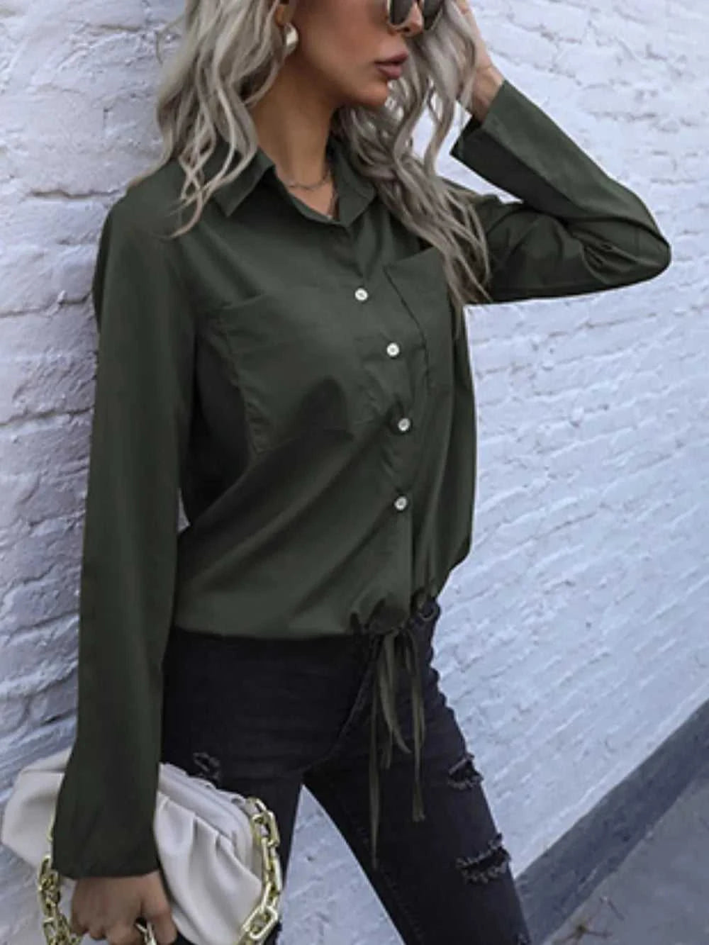 Perfee Tied Hem Button Down Long Sleeve Shirt 100100484971285 33 Affordable Fashion Under $100 Jerry's Apparel 
