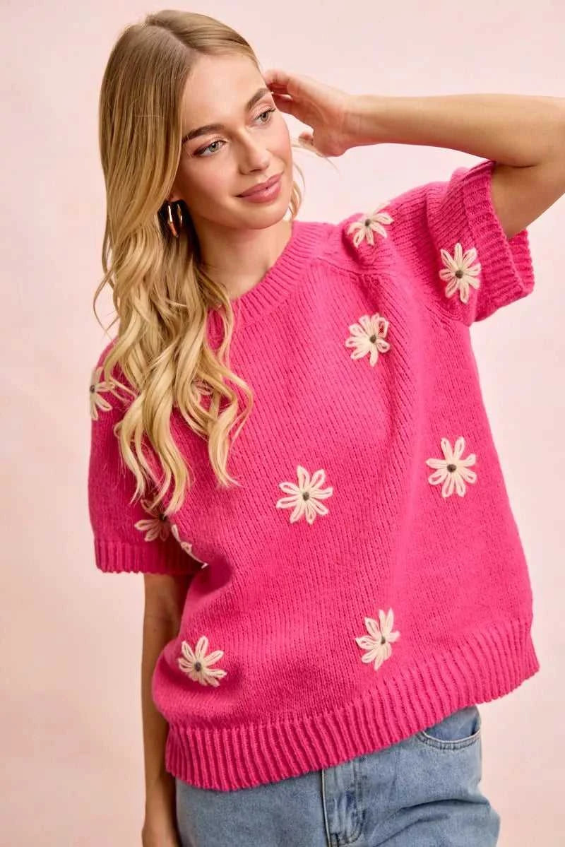 BiBi Flower Embroidered Short Sleeves Knit Top 100100347351968 47 Affordable Fashion Under $100 Jerry's Apparel 