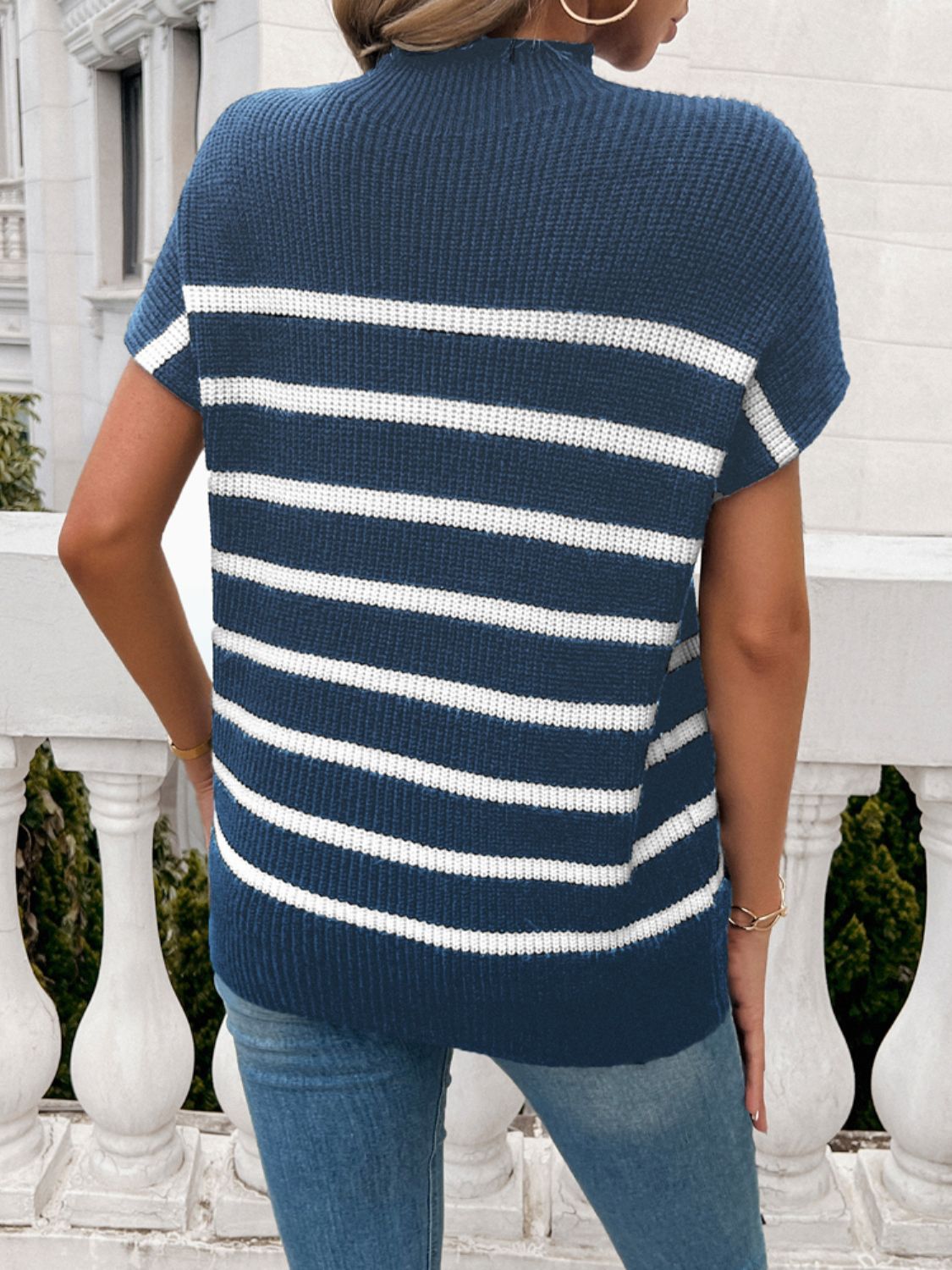 Devine Striped Mock Neck Short Sleeve Sweater