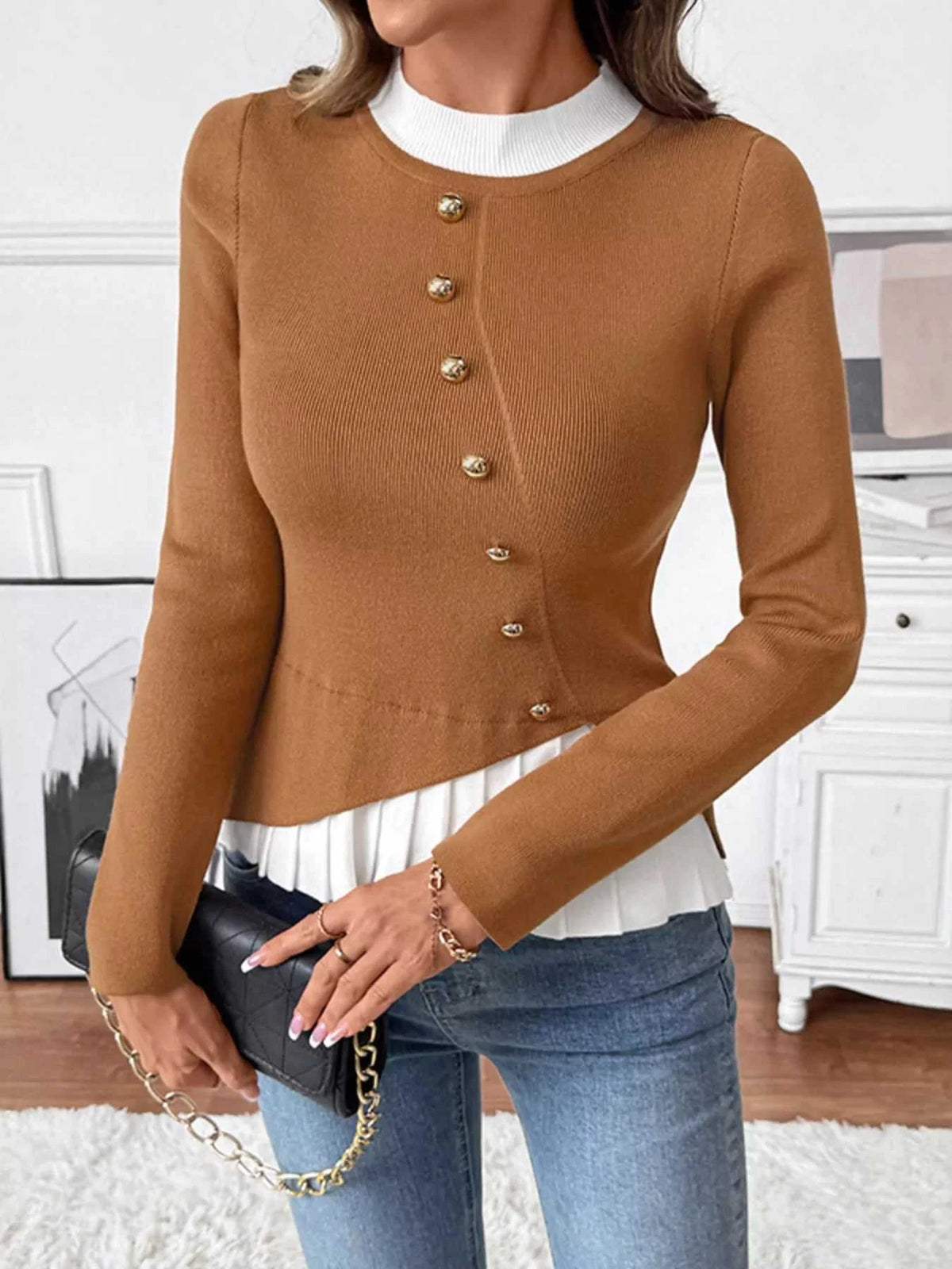 Decor Button Contrast Hem Knit Top 100100315297138 47 Affordable Fashion Under $100 Jerry's Apparel 