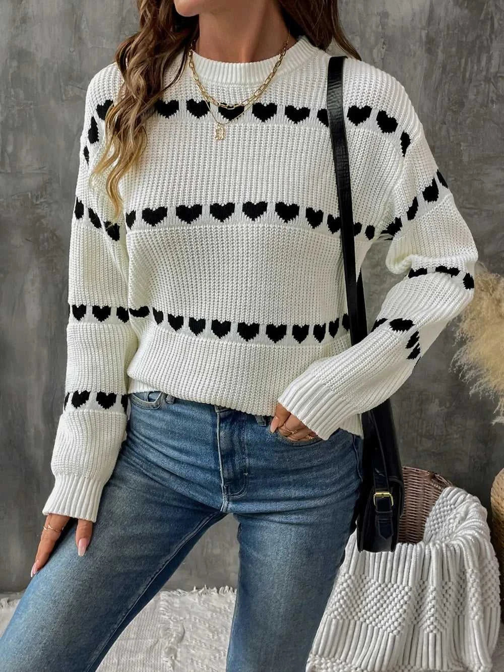Perfee Heart Round Neck Long Sleeve Sweater 100100823201958 38 Affordable Fashion Under $100 Jerry's Apparel 