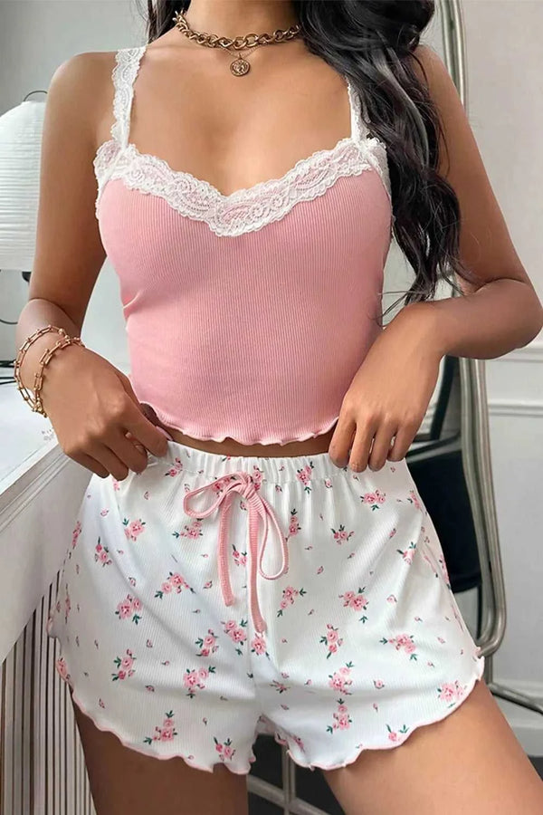 Ribbed Knit Lace Straps Patchwork Lettuce Hem Cropped Top Floral Short Lounge Set 100100950220644 33 Affordable Fashion Under $100 Jerry's Apparel 