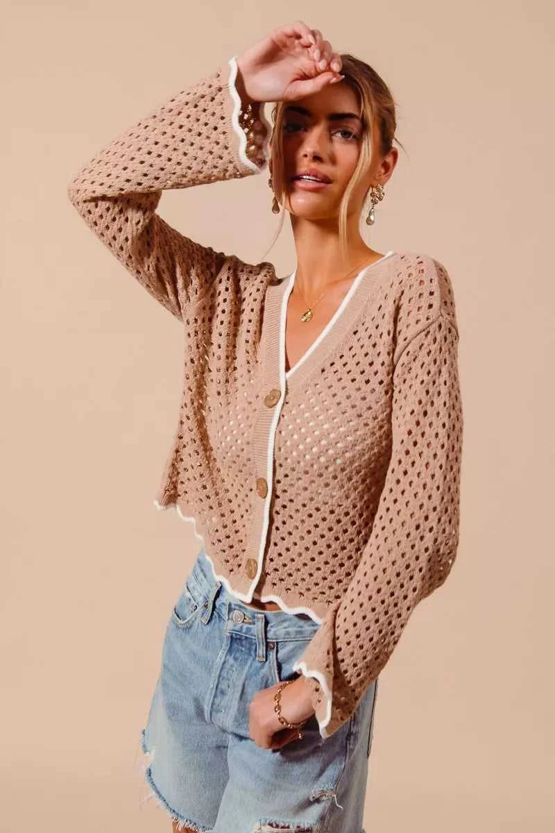 SO ME Open Knit Light Weight Sweater Cardigan With Contrast Wavy Scallop Edge 100100641861665 41 Affordable Fashion Under $100 Jerry's Apparel 