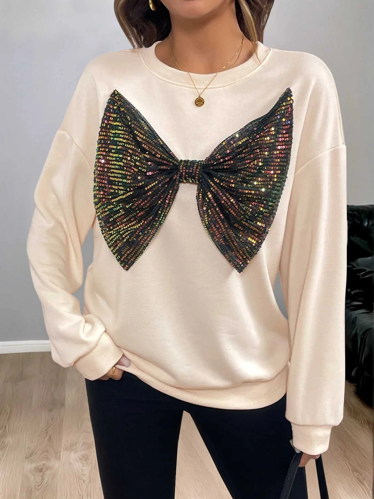 Sequined Bow Round Neck Sweatshirt 100100080296856 39 Affordable Fashion Under $100 Jerry's Apparel 