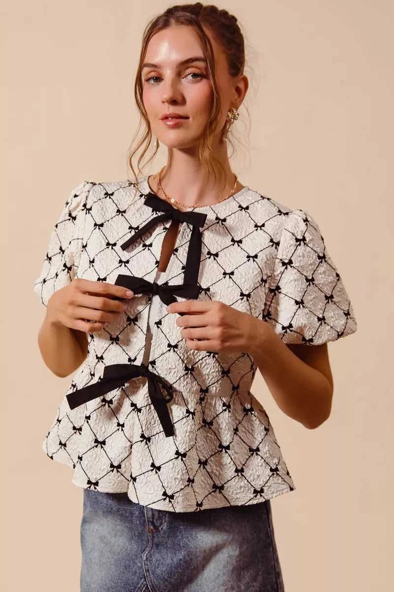 SO ME Bow Texture Woven Peplum Top With Contrast Tie 100100696611485 51 Affordable Fashion Under $100 Jerry's Apparel 