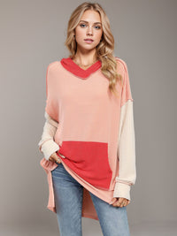 Double Take Contrast Hooded Long Sleeve Top