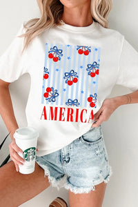 Bow Cherry AMERICA Graphic Crewneck Patriotic T Shirt
