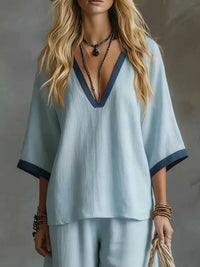 Full Size Contrast Trim V-Neck Top and Pants Set Plus Size 101001935032552 40 Affordable Fashion Under $100 Jerry's Apparel 