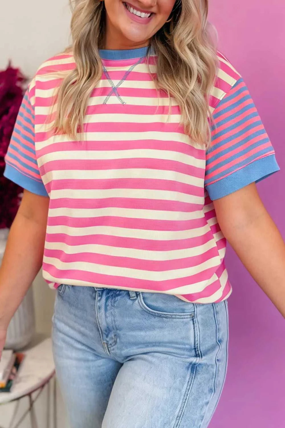 Stripe Contrast Patchwork Short Sleeve Loose Tee 100100172924459 30 Affordable Fashion Under $100 Jerry's Apparel 