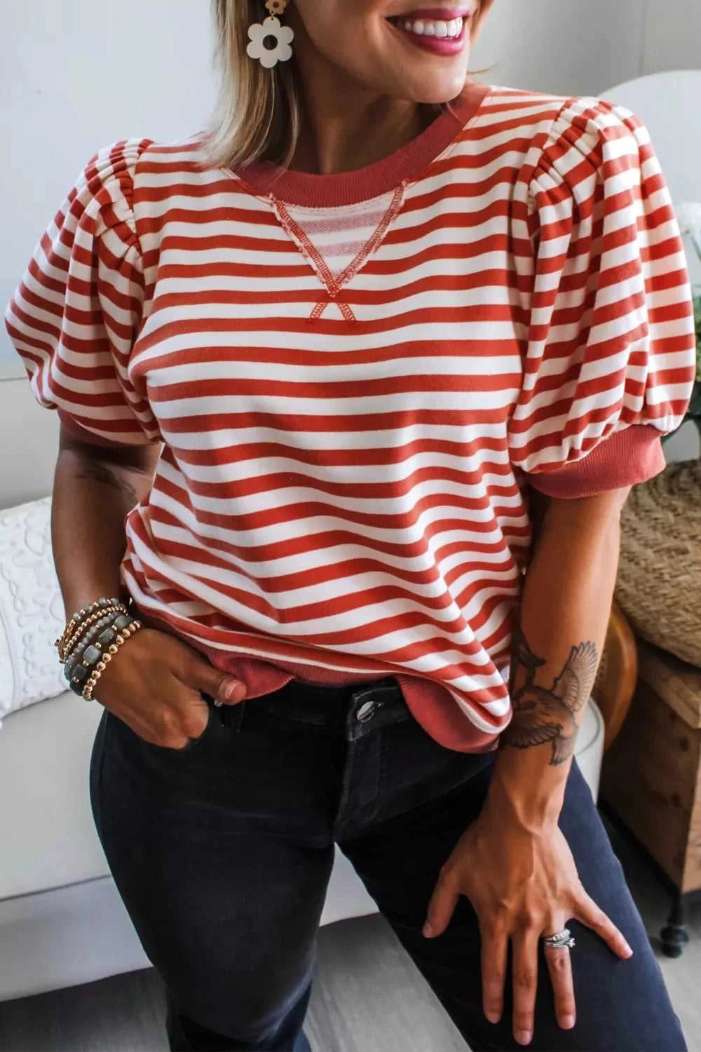 Striped Puff Sleeve Casual T-Shirt 100100655461816 29 Affordable Fashion Under $100 Jerry's Apparel 