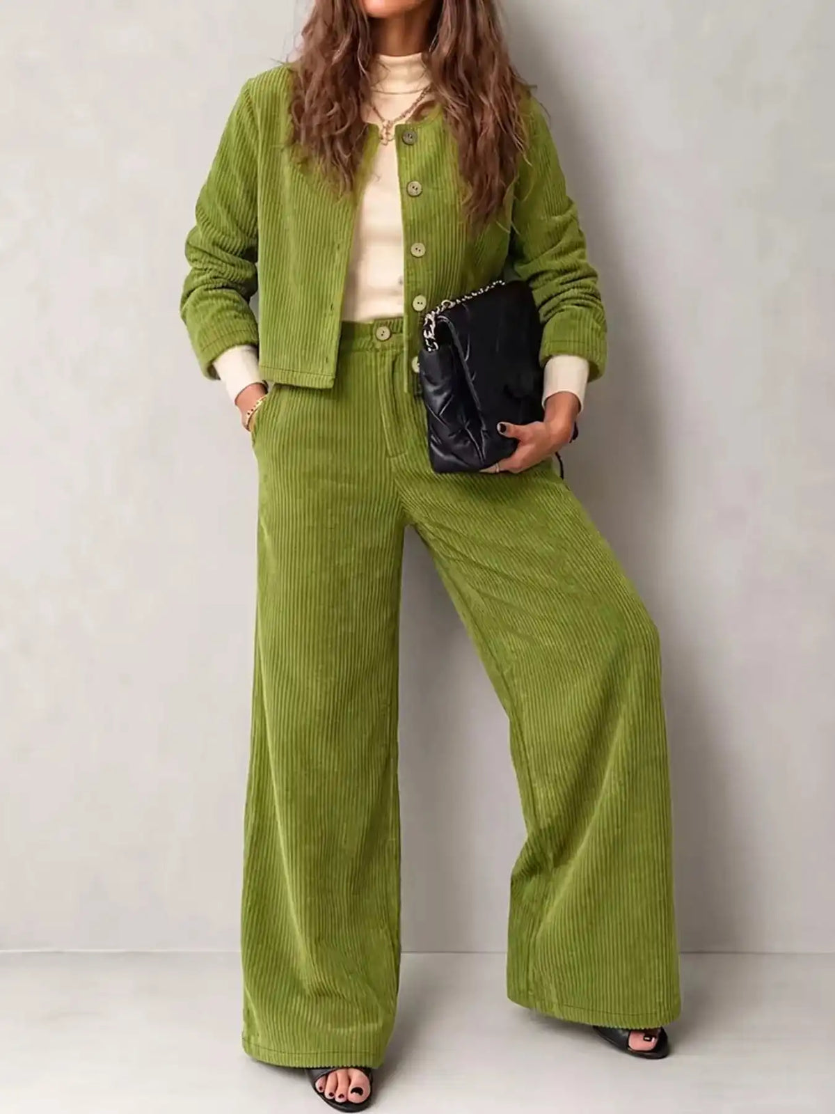 Full Size Corduroy Button-Down Jacket and Wide-Leg Pants Two-Piece Set Plus Size 101001217256067 73 Women's Pants Set Gifts for Her Jerry's Apparel 