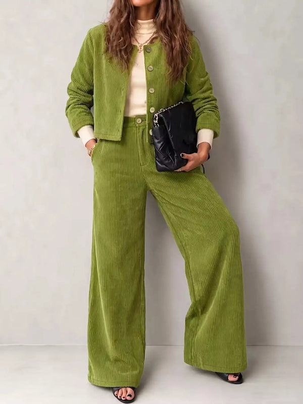 Full Size Corduroy Button-Down Jacket and Wide-Leg Pants Two-Piece Set Plus Size 101001217256067 73 Women's Pants Set Gifts for Her Jerry's Apparel 