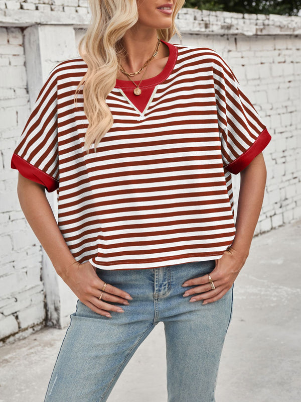 Lovelet Striped Round Neck Short Sleeve T-Shirt