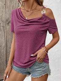 Asymmetric Shoulder T-Shirt with Metal Buckle Detail