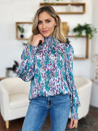 Full Size Printed Smocked Long Sleeve Blouse