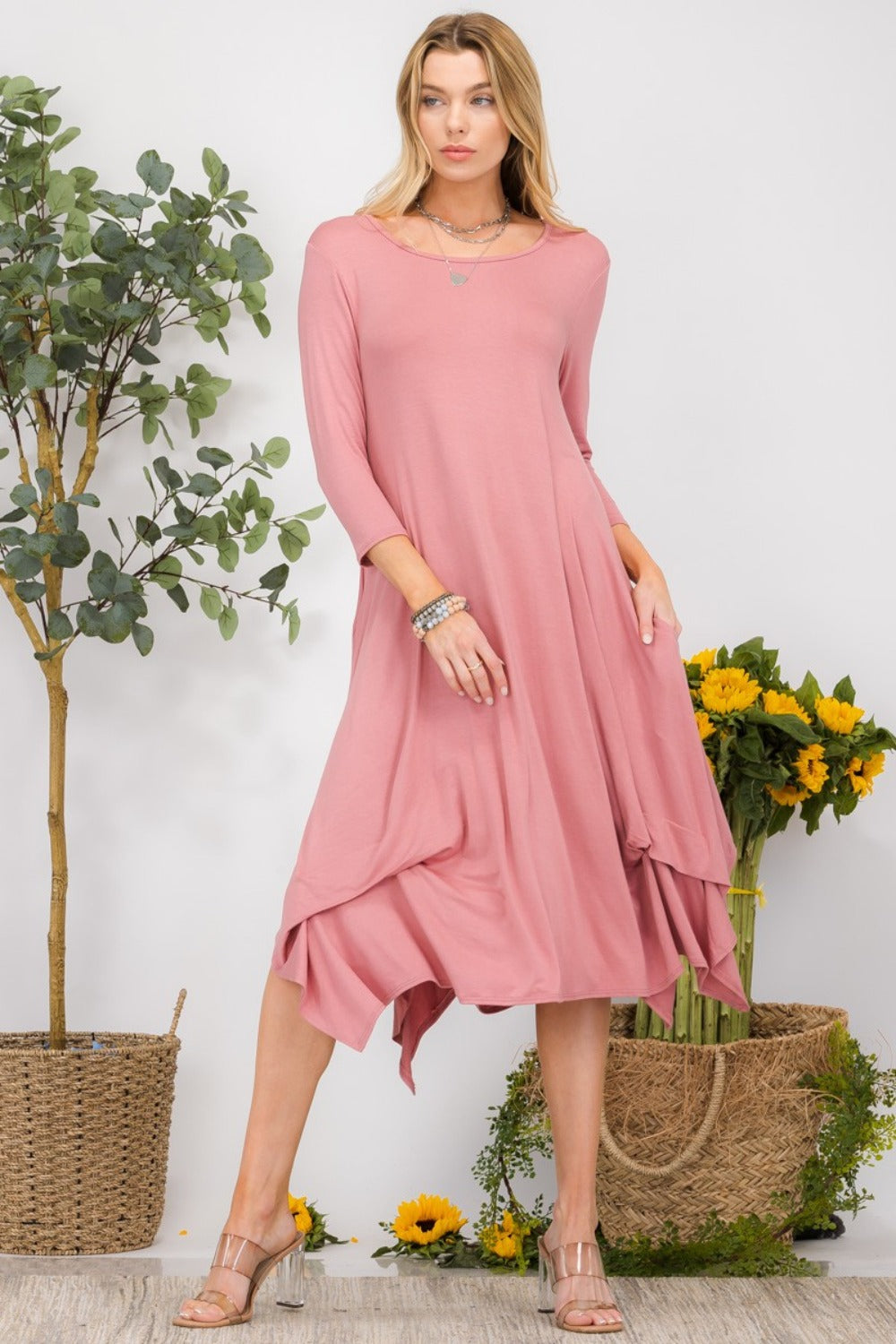 Full Size Pick-up Hem Asymmetric Midi Dress