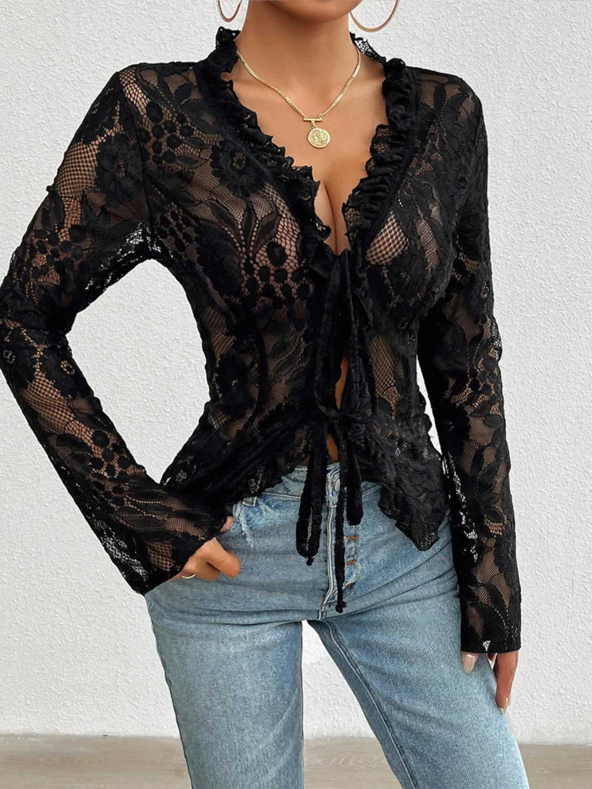 Tie Front Long Sleeve Lace Top 100100498929806 35 Affordable Fashion Under $100 Jerry's Apparel 