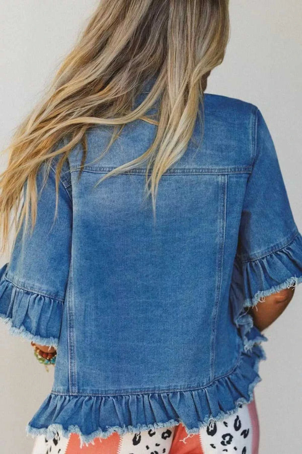 Ruffle Hem Raw Edge Half Sleeve Western Denim Jacket 100100587100351 77 Affordable Fashion Under $100 Jerry's Apparel 