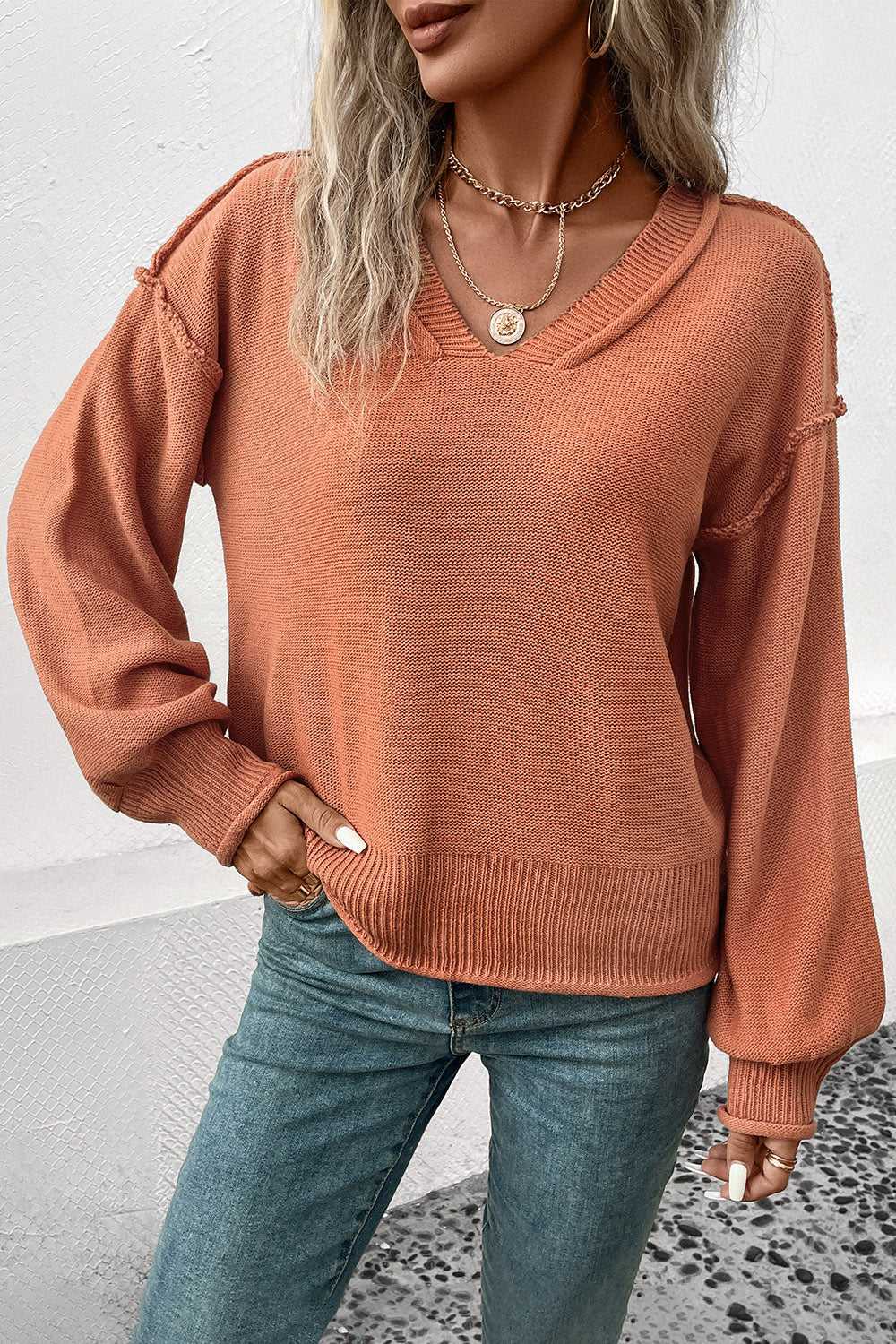Perfee V-Neck Exposed Seam Sweater 100100376066113 36 Women's Sweaters and Knitwear Jerry's Apparel 