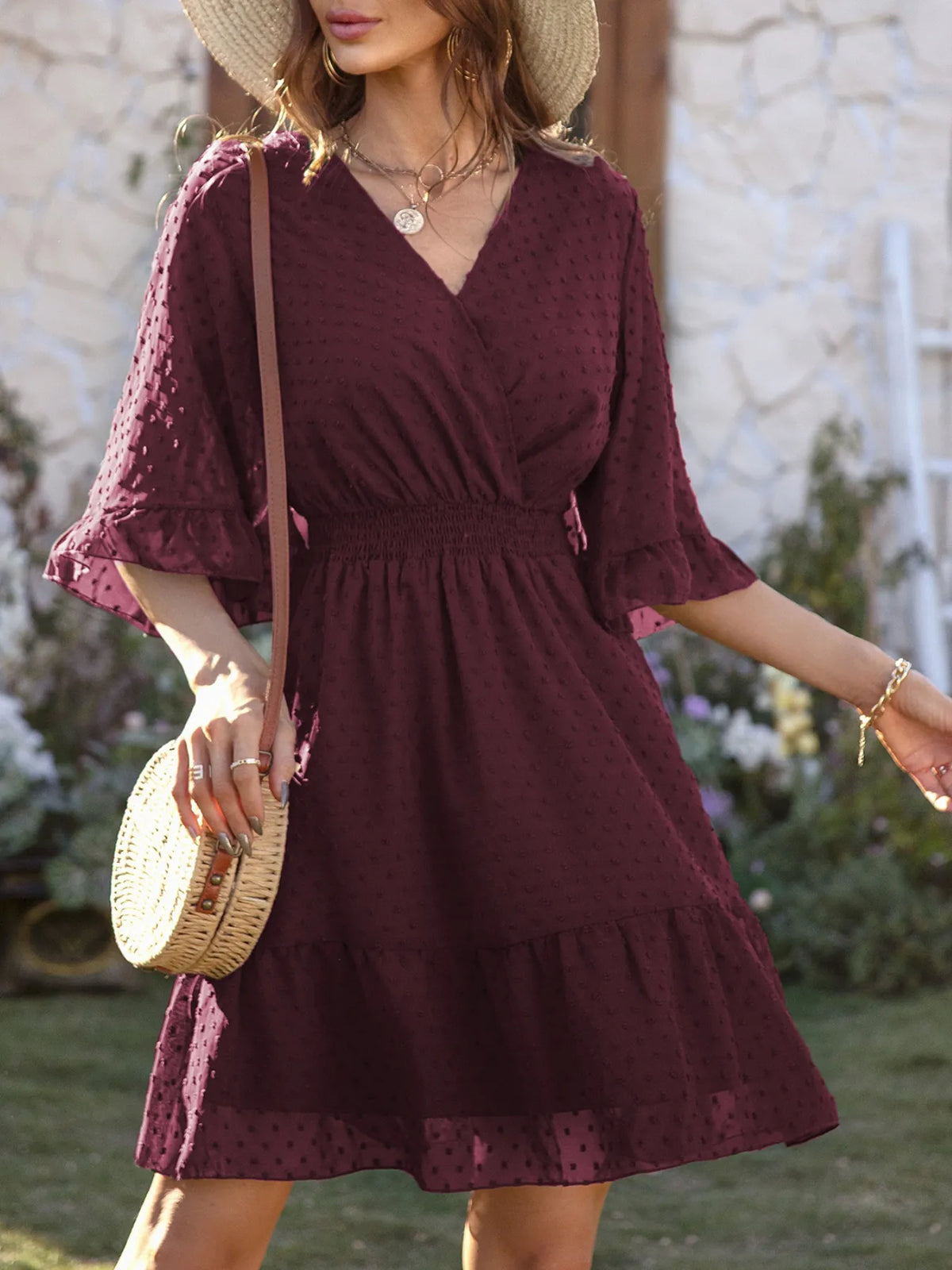 Swiss Dot Flare Sleeve Wrap Mini Dress
