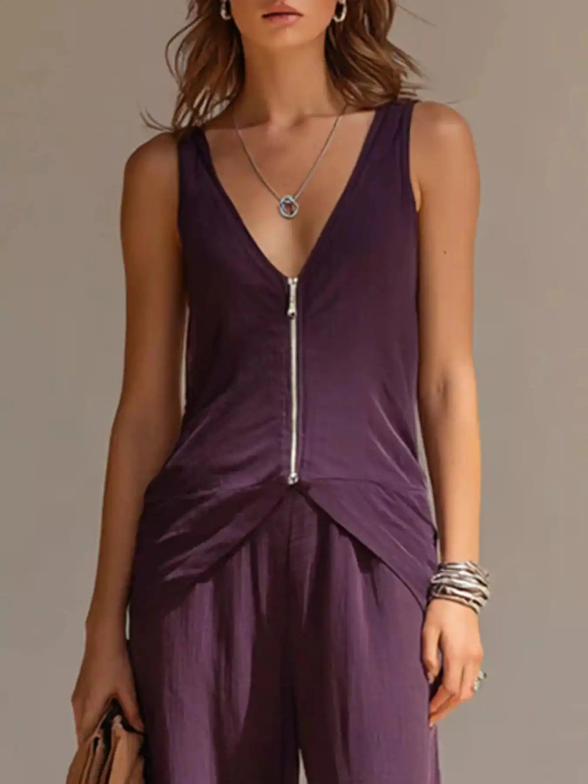 Full Size Zipper Front Tank and Wide-Leg Pants Set Plus Size 101001865169610 58 Women's Pants Set Gifts for Her Jerry's Apparel 
