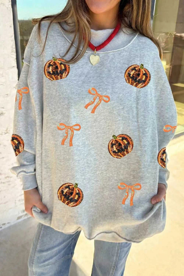 Sequin Pumpkin Face Bow Exposed Seam Halloween Sweatshirt 101001652455075 55 Affordable Fashion Under $100 Jerry's Apparel 