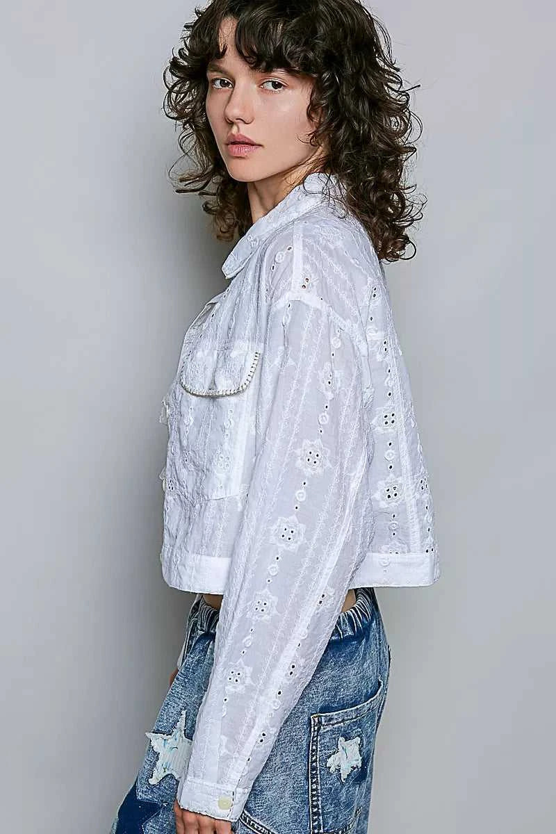 POL Eyelet Textured Cotton Cropped Button Front Jacket 100100580841554 66 Affordable Fashion Under $100 Jerry's Apparel 