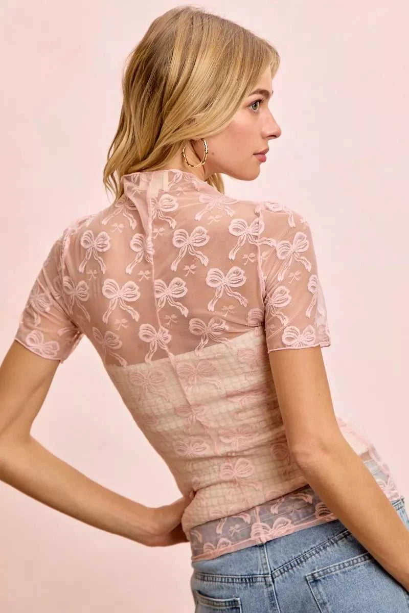 BiBi High Neckline Short Sleeves Bow Pattern Mesh Top 100100195641471 30 Affordable Fashion Under $100 Jerry's Apparel 