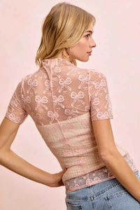 BiBi High Neckline Short Sleeves Bow Pattern Mesh Top 100100195641471 30 Affordable Fashion Under $100 Jerry's Apparel 